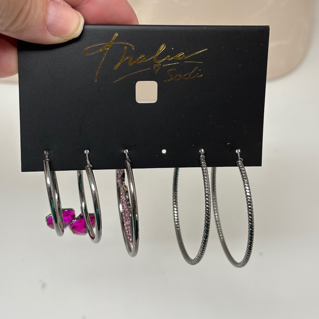 Thalia Sodi Two Pair Gunmetal Black Hoop Earrings Pink Heart Single Lips Earring